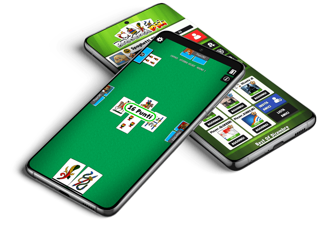 Immagine che mostra due dispositivi mobili col gioco di Briscola Più sui loro schermi.